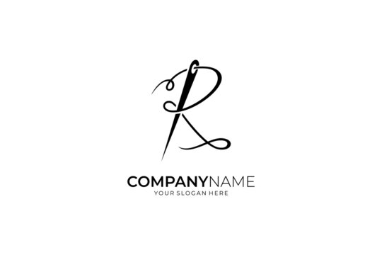 Unique and creative logo concept sewing needle and thread forming letter R, flat design style, simple and line art, black color on white background