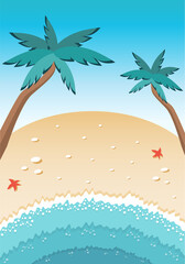 Fototapeta na wymiar Sandy beach with palm trees. Drawn in cartoon style. Vector illustration for designs, prints, patterns. Summer landscape in the background