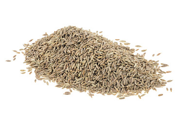 Pile of seasoning cumin grains isolated on a white background. Dried cumin seeds.