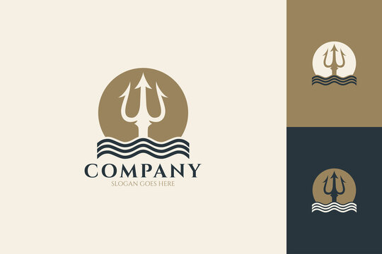Trident and waves logo on sun or moon background, flat design style in gold, blue and white colors