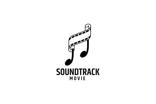 Music note and film reel logo, flat design style, simple, unique and creative, black and white background, great for movie soundtracks, cinema, television shows, music and videos