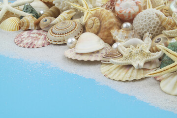 Pearls, starfishes and seashells with corals on blue background.	