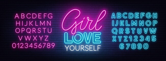 Girl Love Yourself neon quote on a brick wall. - obrazy, fototapety, plakaty