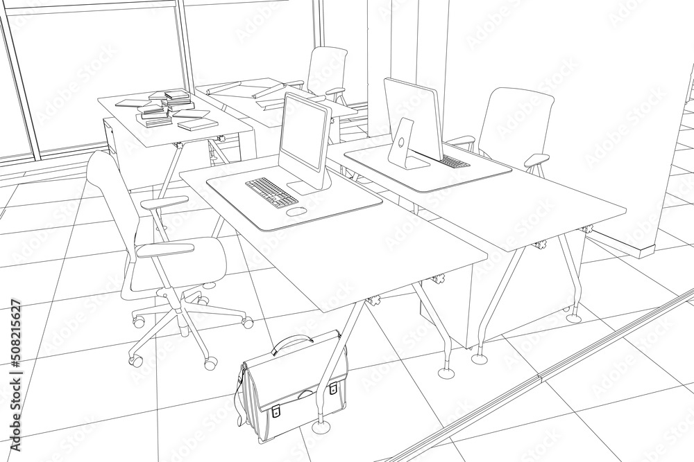 Aufkleber outline of an office with workplaces with computers from black lines isolated on a white background.