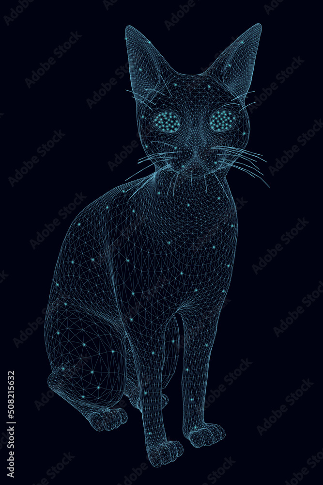 Poster wireframe of a polygonal cat with glowing lights from blue lines isolated on a dark background. 3d. 