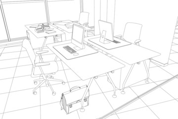 Outline of an office with workplaces with computers from black lines isolated on a white background. Perspective view. Vector illustration.