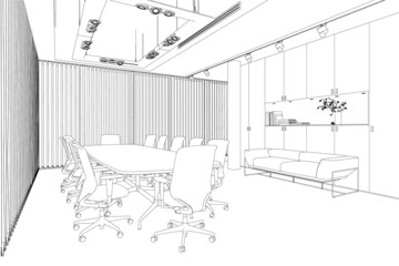 The contour of the meeting room with a large oval table and chairs near it from black lines isolated on a white background. Vector illustration.
