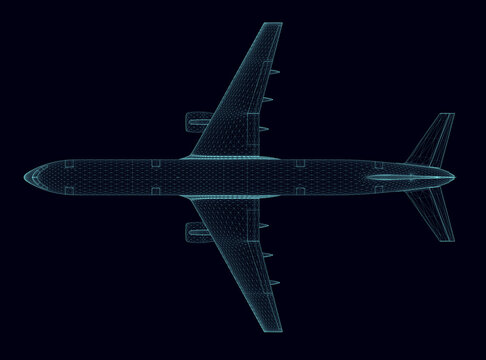 Passenger aircraft wireframe from blue lines isolated on a dark background. View from above. 3D. Vector illustration.