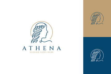 Athena luxurious line art logo, Elegant greek or roman woman head icon vector - obrazy, fototapety, plakaty