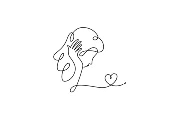 Continuous line vector of a pensive woman with heart shape decoration, girl in love logo