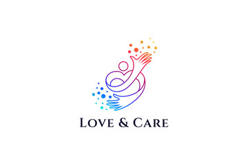 Abstract heart logo combination with people shape, line art design style with colorful gradient