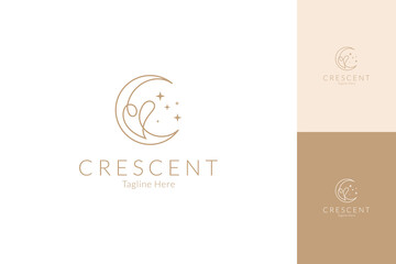 Crescent and heart continuous line logo with sparkling star