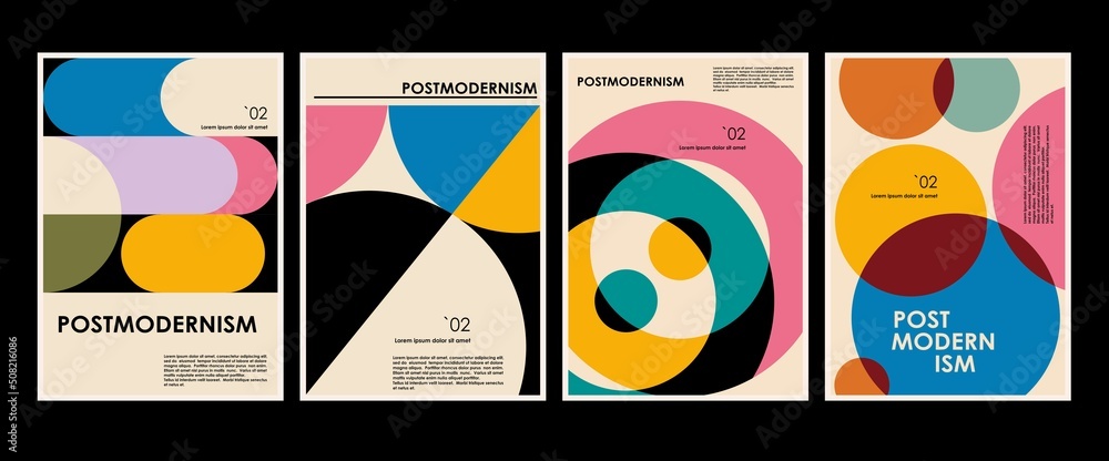 Wall mural artworks, posters inspired postmodern of vector abstract dynamic symbols with bold geometric shapes,