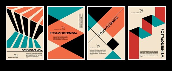 Artworks, posters inspired postmodern of vector abstract dynamic symbols with bold geometric shapes, useful for web background, poster art design, magazine front page, hi-tech print, cover artwork. - 508216003