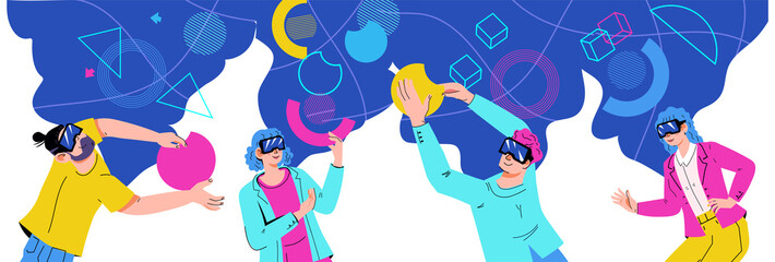People in VR digital glasses interacting in augmented reality and metaverse space with geometric shapes. Experience of metaverse or virtual reality, flat vector isolated on white background.