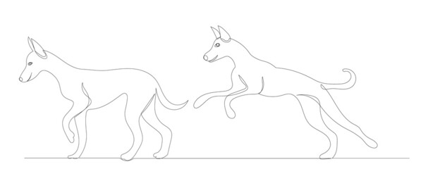 dogs playing one continuous line drawing, sketch, isolated, vector