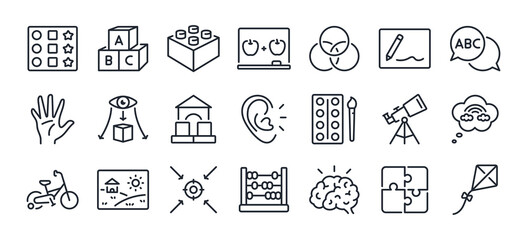 Preschool abilities and child development related editable stroke outline icons set isolated on white background flat vector illustration. Pixel perfect. 64 x 64. - obrazy, fototapety, plakaty