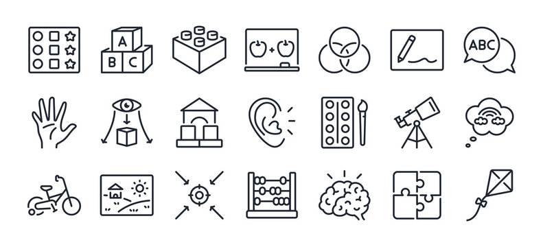 Preschool abilities and child development related editable stroke outline icons set isolated on white background flat vector illustration. Pixel perfect. 64 x 64.