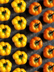 Pattern of yellow and orange sweet bell pepper on black concrete background. Creative flatlay with spring vegetables.
