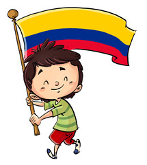 Ilustración de un niño con bandera de Colombia - obrazy, fototapety, plakaty