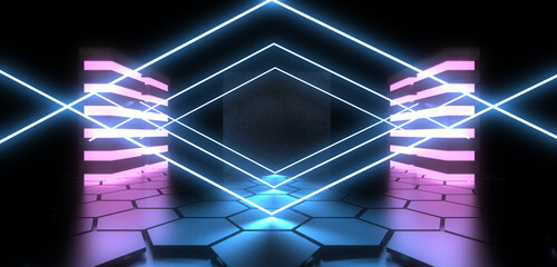3D abstract background with neon lights. neon tunnel  .space construction . .3d illustration