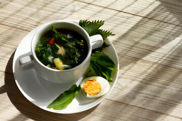 Chicken and wild plant soup with nettle, sorrel, aegopodium podagraria or ground elder . It is used as food and medicine. for healthy joints. wild cuisine