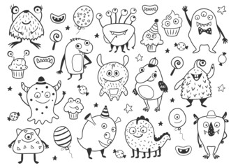 Cute monsters set. Kids coloring page. Hand drawn vector illustration.
