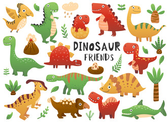 Dinosaur set with tyrannosaurus rex, triceratops, brachiosaurus, pterodactyl,  stegosaurus. Cute cartoon animals.