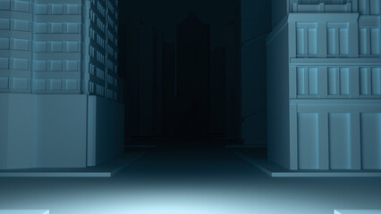 the dark city with a light spot. 3d rendering.