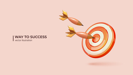 Dart arrow hit the center of target. Realistic 3d design of Business finance target, goal of success, target achievement concept in cartoon minimal style. Vector illustration