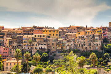 Beautiful view of the old town of Ventimiglia Alta in Italy, Liguria. Ligurian Riviera, Province of...