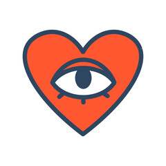 Vector retro heart with eye. Groovy heart. 70s.