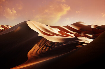 Panorama of sand dunes Sahara Desert at sunset. Endless dunes of yellow sand - obrazy, fototapety, plakaty