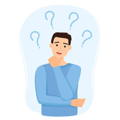 Thinking man with question marks, vector illustration