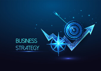 Futuristic business strategy, goals concept with glowing low poly growth chart, compass, and target © Inna