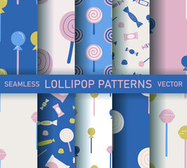 Set of seamless vector sweets candies patterns. Collection of food repeat backgrounds for fabric, textile, wrapping, cover etc.