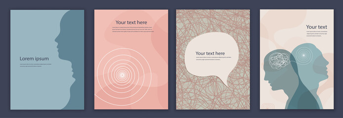 Metaphor bipolar disorder mind mental. Template set. Leaflet brochure. Double face. Split personality. Concept mood disorder. 2 Head silhouette. Psychology. Mental health.Poster copy space