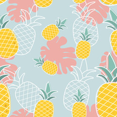 pineapple and monstera pattern with blue background