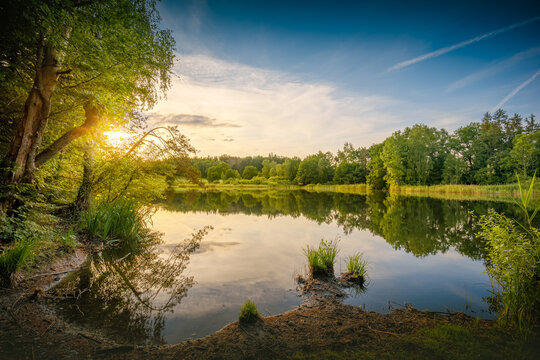 Stimmungsvoller Sonnenschein an kleinem See