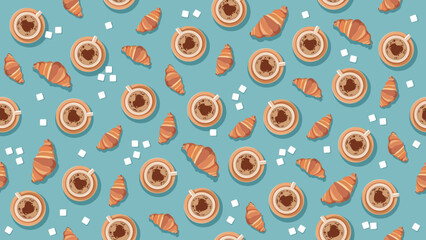 Endless background for a coffee shop. Cups with coffee, croissants and sugar cubes