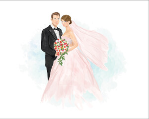 watercolor wedding illustration, romantic couple, bride and groom, husband and wife, man and woman, just married