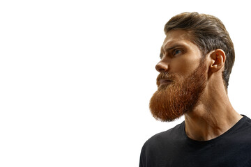 Obraz premium Close up portrat of young caucasian man isolated on white. Bearded man. Handsome confident perfect hairstyle man's profile. Young bearded man looking forward