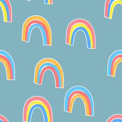 Trendy seamless pattern with colorful rainbow on color background. Design for invitation, poster, card, fabric, textile, fabric. Cute holiday illustration for baby. Scandinavian doodle style