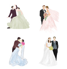 Set of watercolor wedding illustration, romantic couple, bride and groom, husband and wife, man and woman, just married