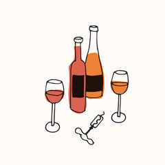Vector trendy illustration - wine set with bottle of wine, glasses and plates with cheese and fruits.
