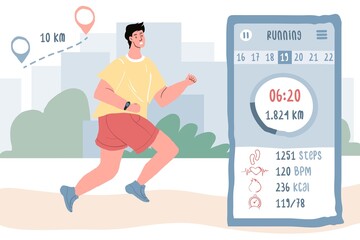 Vector cartoon flat man character runs in park,image of mobile sports app for training planning,data collection,timing,calorie consumption-sporty mobile apps use concept,web site ad banner design