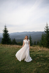 Beautiful bride in a white wedding dress on a background of mountains.