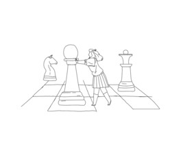 Ambitious woman with strategic thinking moving chess piece figure forward to goal outline vector. Business strategy and confidence concept