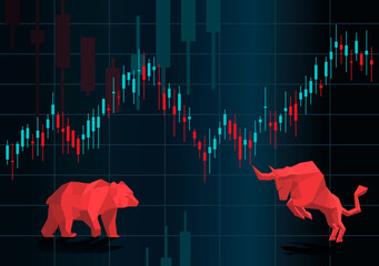 Candlestick chart artwork. Stock market graph. Bull and bear signals. Cryptocurrency bullish or bearish symbol. Trading illustration. - obrazy, fototapety, plakaty