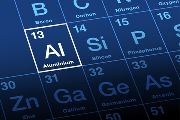 Aluminum, aluminum on periodic table of the elements. Chemical element and metal with symbol Al and atomic number 13. Used as alloy, for transportation, packaging, machinery, cases and in electricity.